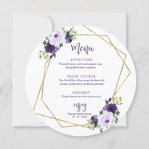 Purple Gold Floral Bridal Shower Round Menu Invitation