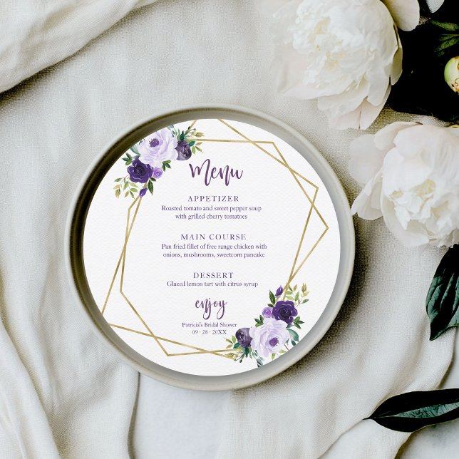 Purple Gold Floral Bridal Shower Round Menu Invitation (Creator Uploaded)