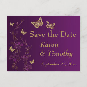 Purple, Gold Floral, Butterflies Save the Date Announcement Postcard