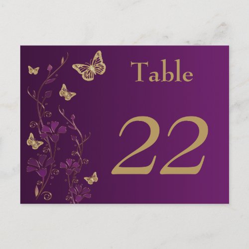 Purple Gold Floral Butterflies Table Number Card