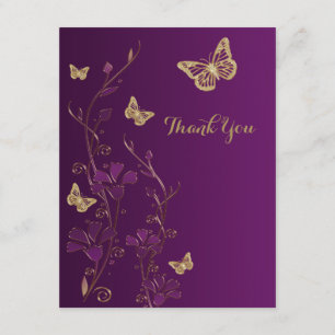 Purple, Gold Floral, Butterflies Thank You Note