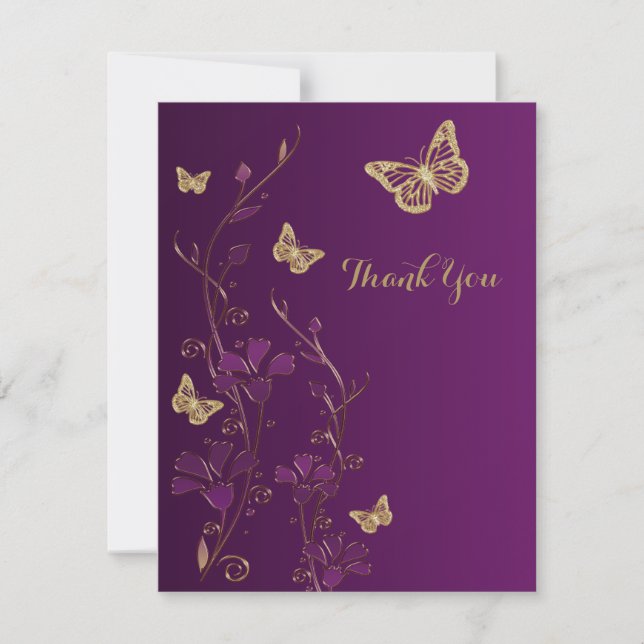 Purple, Gold Floral, Butterflies Thank You Note (Front)