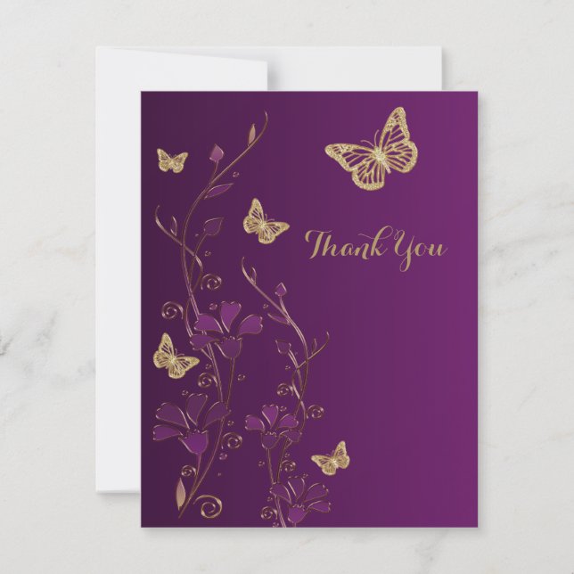 Purple, Gold Floral, Butterflies Thank You Note Card (Front)