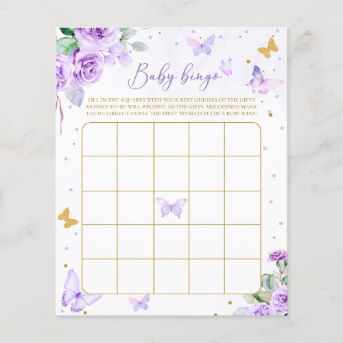 Purple Gold Floral Butterfly Baby Bingo Game