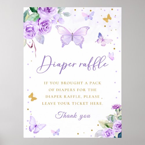 Purple Gold Floral Butterfly Diaper Raffle Sign