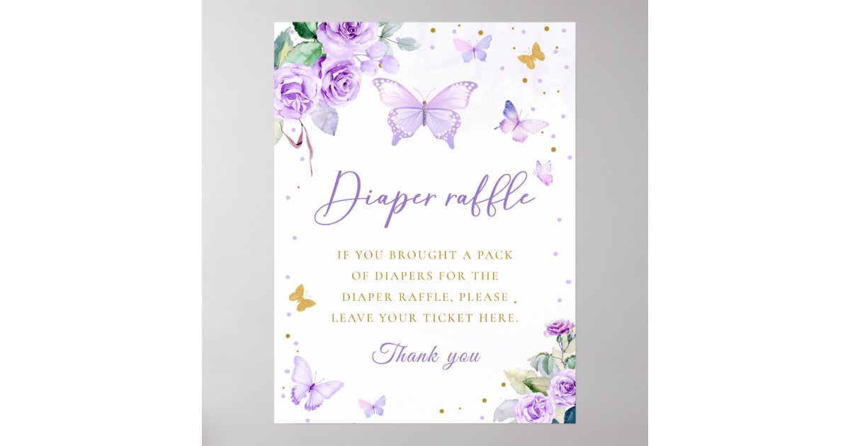 Purple Gold Floral Butterfly Diaper Raffle Sign | Zazzle