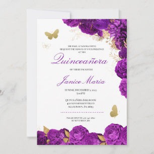 Purple Gold Floral Butterfly Elegant Quinceañera Invitation