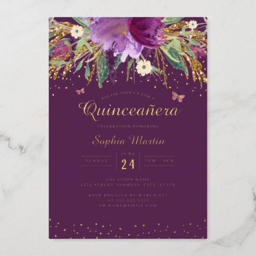 Purple Gold Floral Butterfly Quinceanera  Foil Invitation
