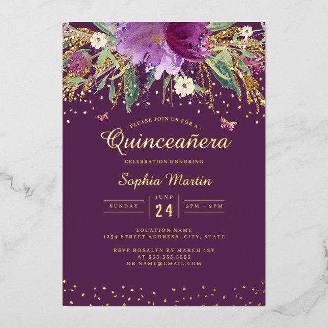 Purple Gold Floral Butterfly Quinceanera  Foil Invitation (Front)