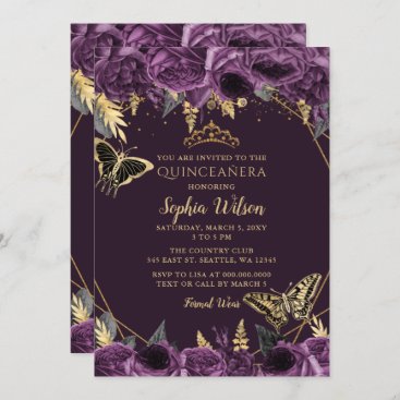 Purple Gold Floral Butterfly Quinceañera Invitation