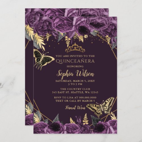 Purple Gold Floral Butterfly Quinceaera Invitation