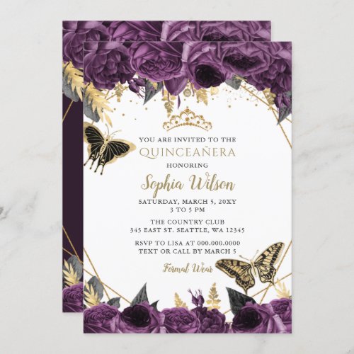 Purple Gold Floral Butterfly Quinceaera Invitation