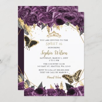 Purple Gold Floral Butterfly Sweet 16 Invitation by Invitationboutique at Zazzle
