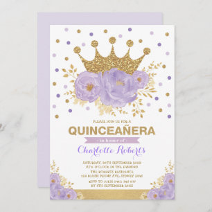Purple Gold Floral Crown Confetti Quinceañera Invitation