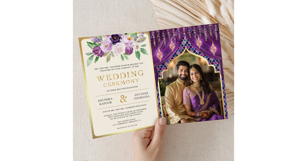 Purple Gold Floral Curtain Indian Hindu Wedding Invitation | Zazzle