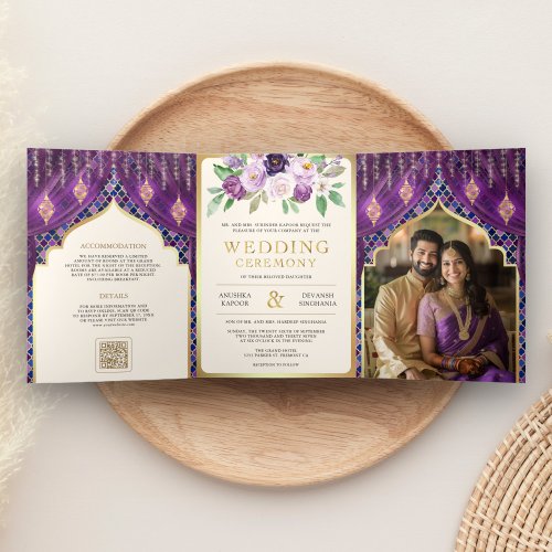 Purple Gold Floral Curtain Indian Hindu Wedding Tri_Fold Invitation