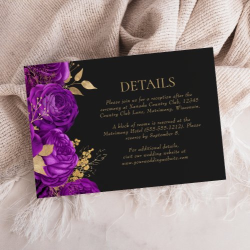 Purple Gold Floral Dark Wedding Details Enclosure Card