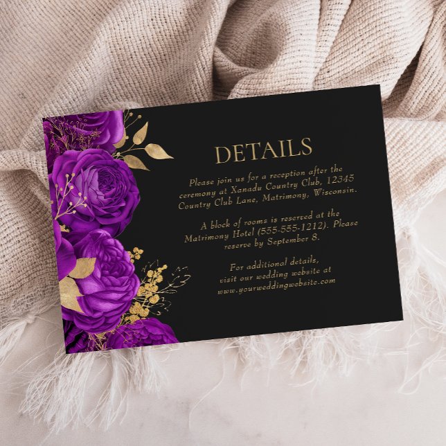 Purple Gold Floral Dark Wedding Details RSVP Card (Creator Uploaded)