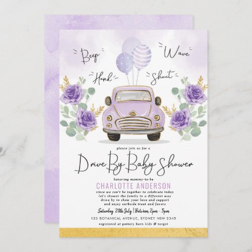 Purple Gold Floral Drive By Baby Shower Parade Invitation
