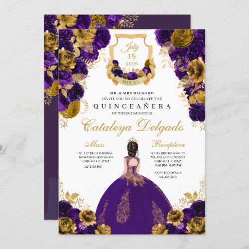 Purple  Gold Floral Elegant Quinceaera Invitation
