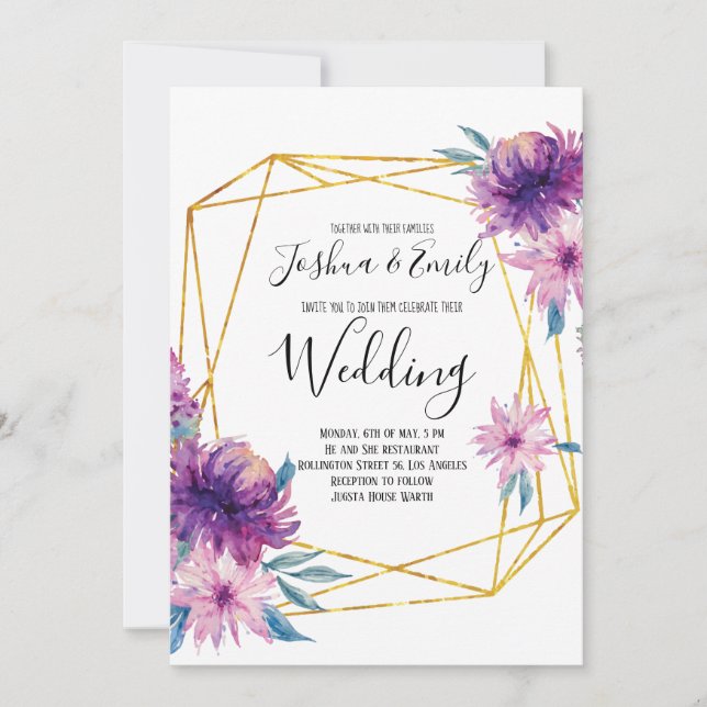 Purple Gold Floral Elegant Wedding Invitation (Front)