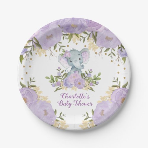 Purple Gold Floral Elephant Baby Girl Shower Party Paper Plates