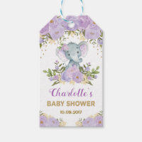 Purple Gold Floral Elephant Baby Shower Favors Gift Tags