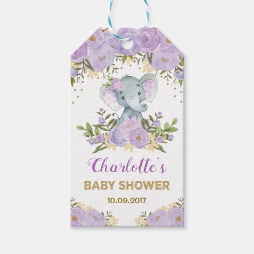 Purple Gold Floral Elephant Baby Shower Favors Gift Tags