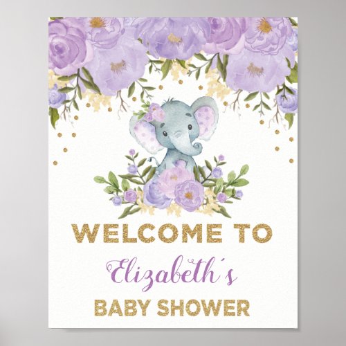 Purple Gold Floral Elephant Baby Shower Welcome Poster