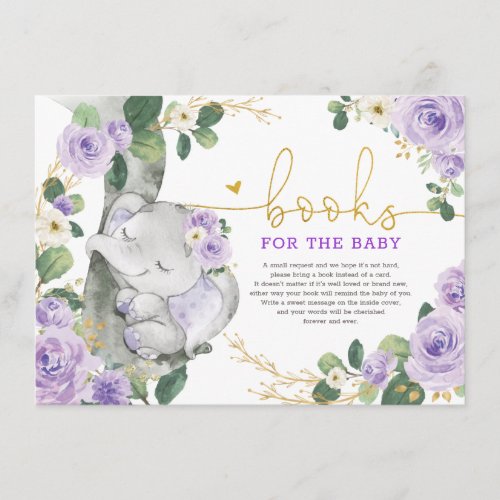 Purple Gold Floral Elephant Books for Baby Girl Enclosure Card