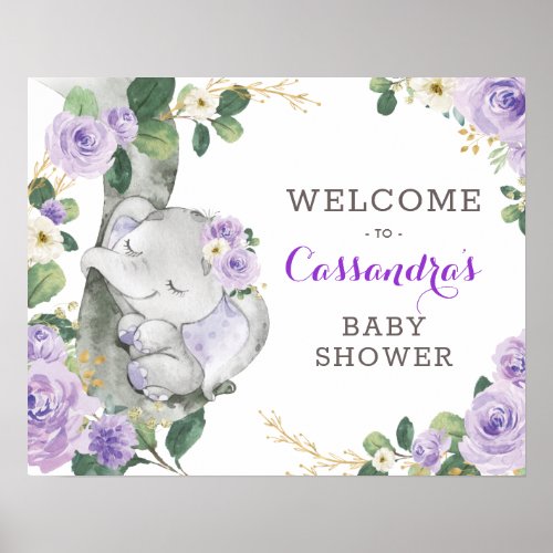 Purple Gold Floral Elephant Greenery Welcome Sign