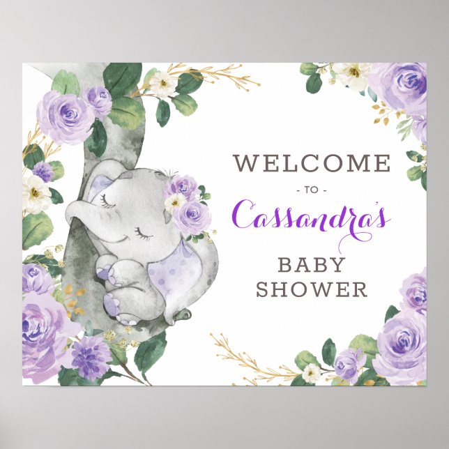 Purple Gold Floral Elephant Greenery Welcome Sign (Front)