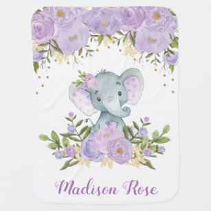 Purple & Gold Floral Elephant Nursery Baby Girl Baby Blanket