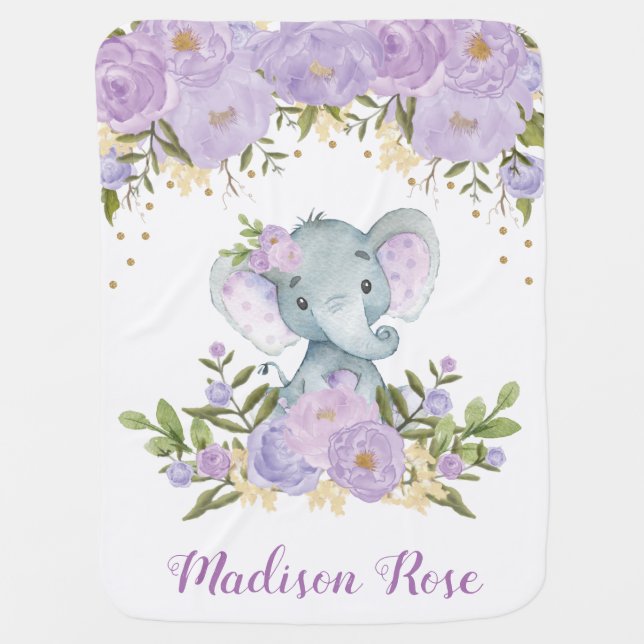 Purple & Gold Floral Elephant Nursery Baby Girl Baby Blanket (Front)