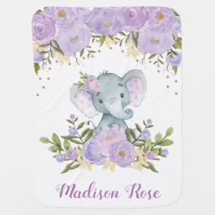 Purple & Gold Floral Elephant Nursery Baby Girl Blanket