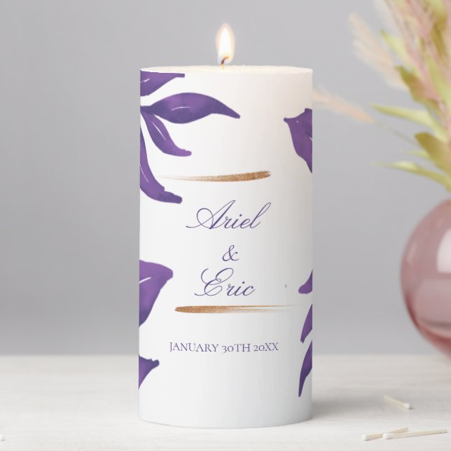 Purple & Gold Floral Eucalyptus Elegant Wedding  Pillar Candle (In Situ)
