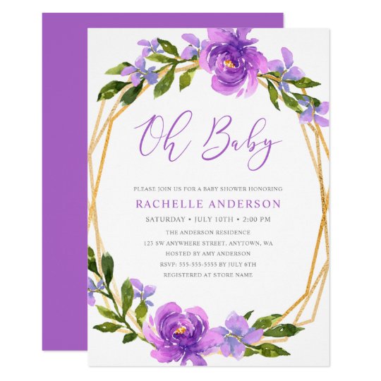 Purple Gold Floral Geometric Girl Baby Shower Invitation | Zazzle.com