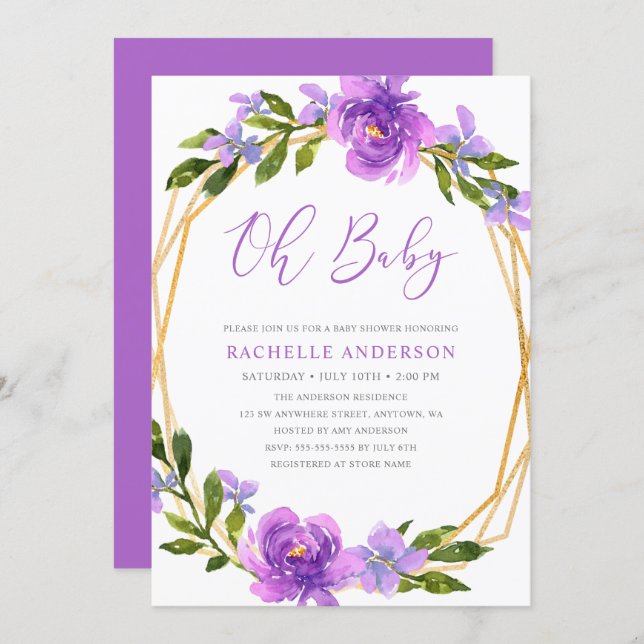 Purple Gold Floral Geometric Girl Baby Shower Invitation (Front/Back)