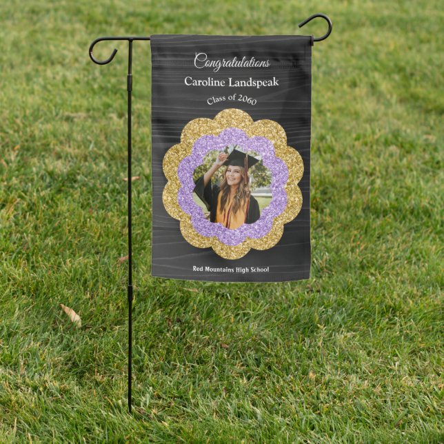 Purple Gold Floral & Graduate Photo Garden Flag (In SItu)
