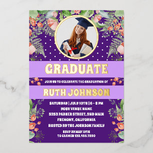 Purple Gold Floral Graduation Party Photo Foil Invitation