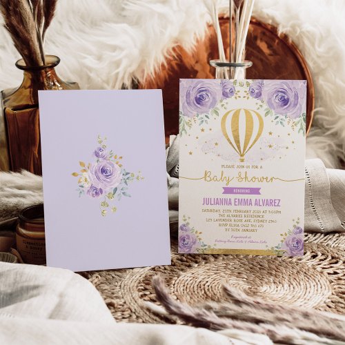 Purple Gold Floral Hot Air Balloon Baby Shower Invitation