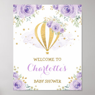 Purple Gold Floral Hot Air Balloon Welcome Baby Poster