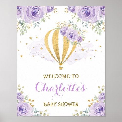 Purple Gold Floral Hot Air Balloon Welcome Baby Poster