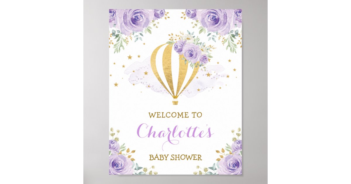 Purple Gold Floral Hot Air Balloon Welcome Baby Poster | Zazzle
