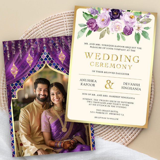 Purple Gold Floral Indian Hindu Photo Wedding Invitation (Creator Uploaded)