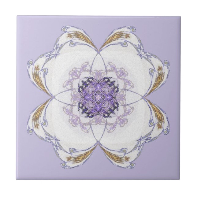 Purple, Gold Floral-Look Fractal Art Lavender Ceramic Tile (Front)