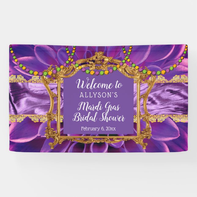 Purple | Gold Floral Mardi Gras Bridal Shower Banner (Horizontal)