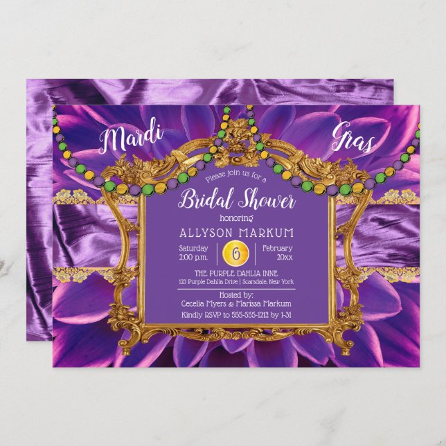 Purple | Gold Floral Mardi Gras Bridal Shower Invitation (Front/Back)