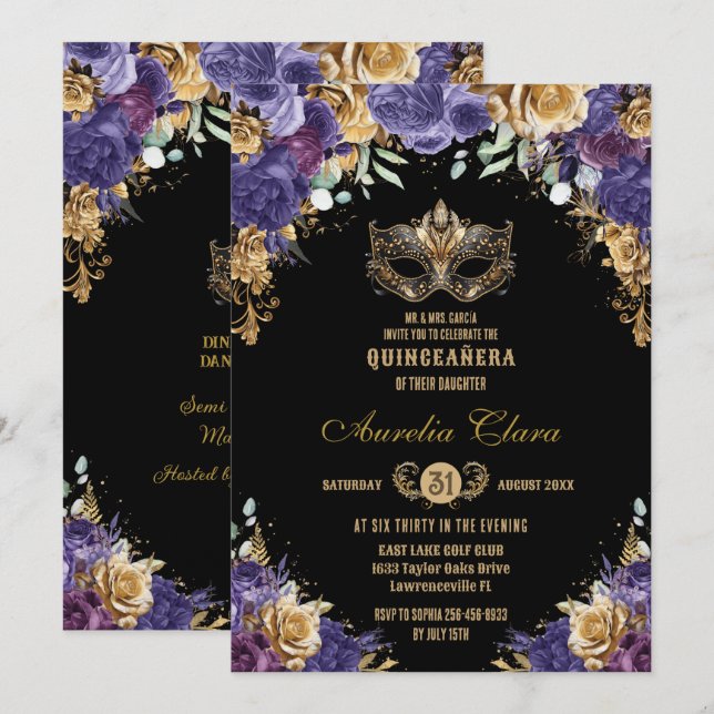 Purple Gold Floral Masquerade Ball Quinceañera Invitation (Front/Back)