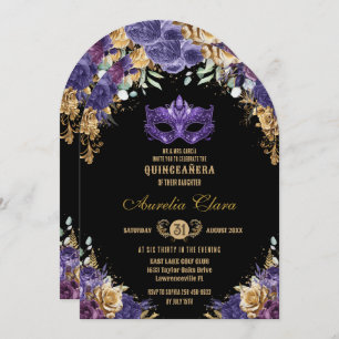 Purple Gold Floral Masquerade Ball Quinceañera Invitation